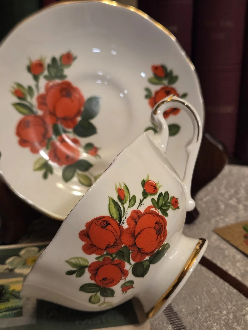 Red Flowers England Teacup Saucer Set